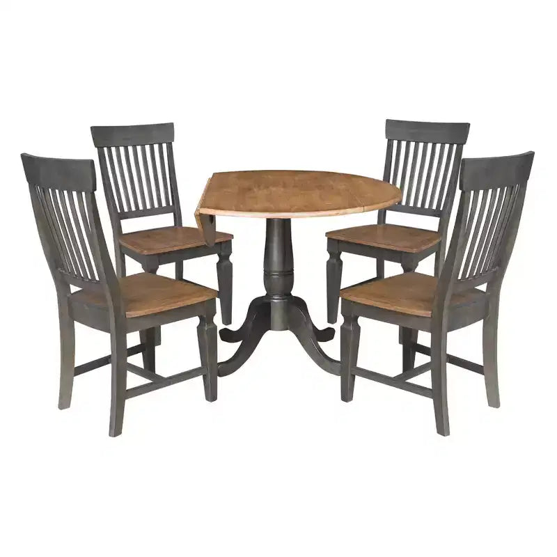 Table à manger ronde à rallonges doubles de 107 cm avec 4 chaises à dossier ajouré Noyer cendré/Charbon délavé - International Concepts : Bois d'hévéa, Piètement central