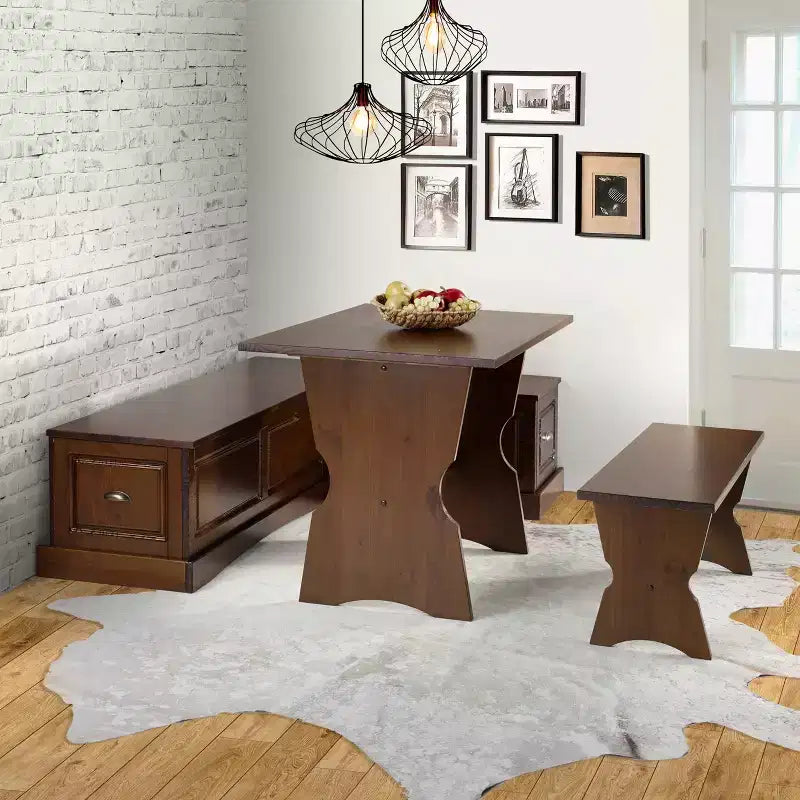 Ensemble de salle à manger d'angle 3 pièces Colby en L avec banc et tabouret, marron - Linon : cadre en bois, 5 places, piètement tréteaux