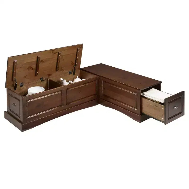 Ensemble de salle à manger d'angle 3 pièces Colby en L avec banc et tabouret, marron - Linon : cadre en bois, 5 places, piètement tréteaux