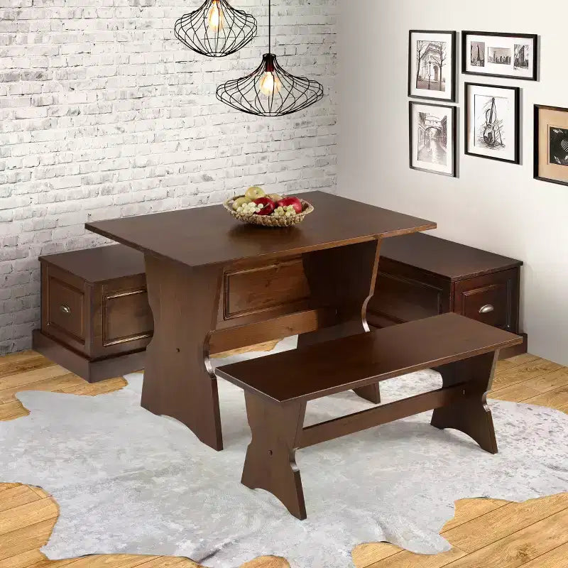 Ensemble de salle à manger d'angle 3 pièces Colby en L avec banc et tabouret, marron - Linon : cadre en bois, 5 places, piètement tréteaux