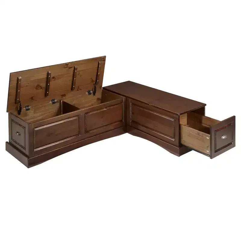 Ensemble de salle à manger d'angle 3 pièces Colby en L avec banc et tabouret, marron - Linon : cadre en bois, 5 places, piètement tréteaux