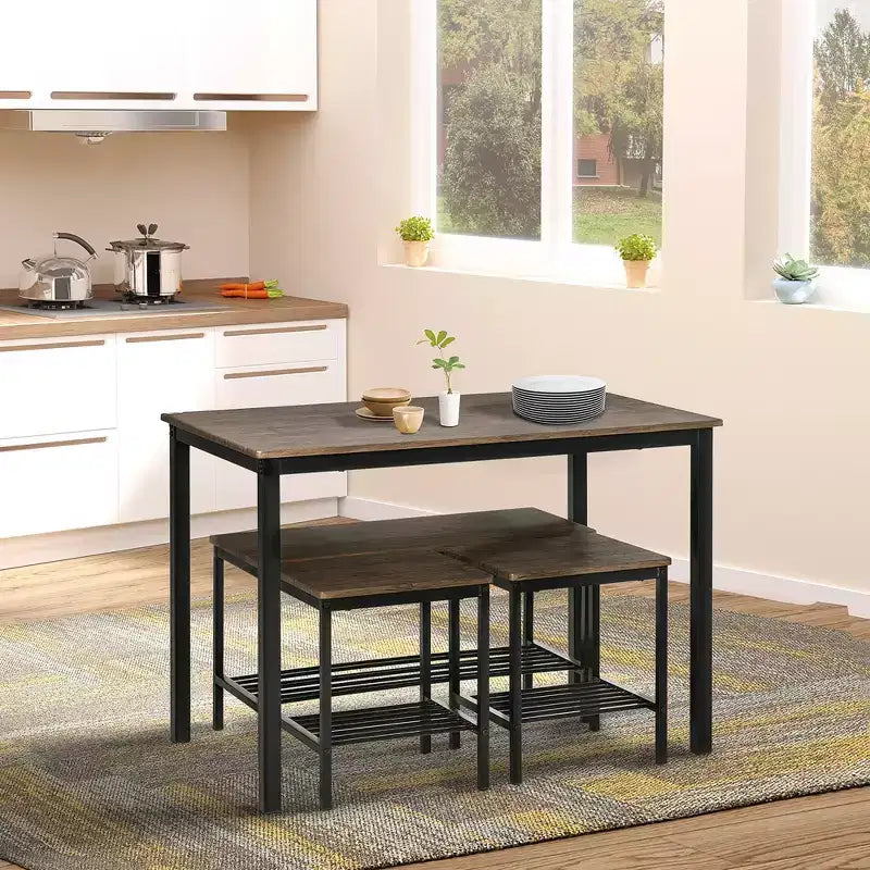 Ensemble de salle à manger industriel HOMCOM, table et chaises de cuisine pour 4, table à manger avec banc, cadre en métal, étagère de rangement, ensemble de dînette, marron rustique