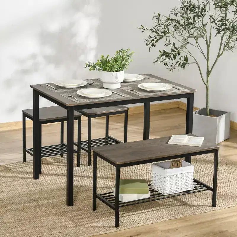 Ensemble de salle à manger industriel HOMCOM, table et chaises de cuisine pour 4, table à manger avec banc, cadre en métal, étagère de rangement, ensemble de dînette, marron rustique
