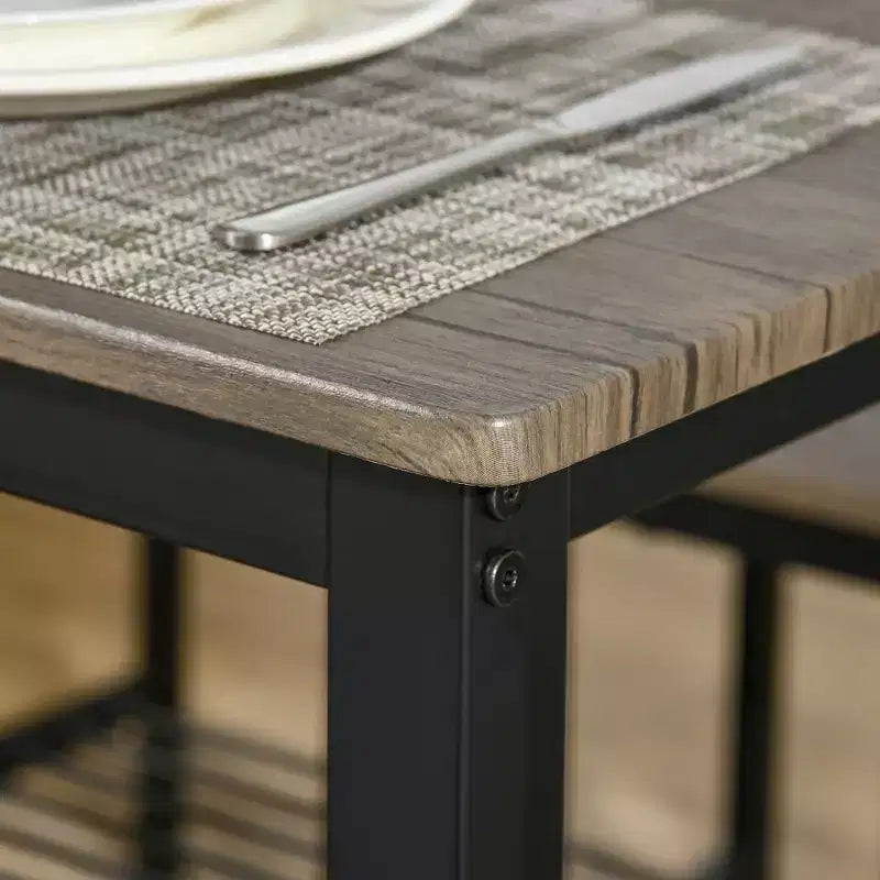 Ensemble de salle à manger industriel HOMCOM, table et chaises de cuisine pour 4, table à manger avec banc, cadre en métal, étagère de rangement, ensemble de dînette, marron rustique