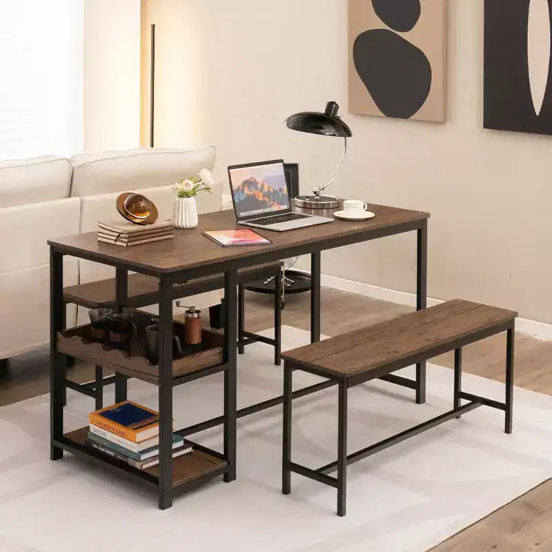 Ensemble de salle à manger 3 pièces Costway pour 4 avec table de cuisine et 2 bancs avec support