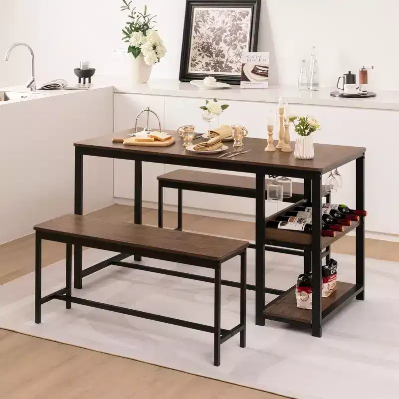 Ensemble de salle à manger 3 pièces Costway pour 4 avec table de cuisine et 2 bancs avec support