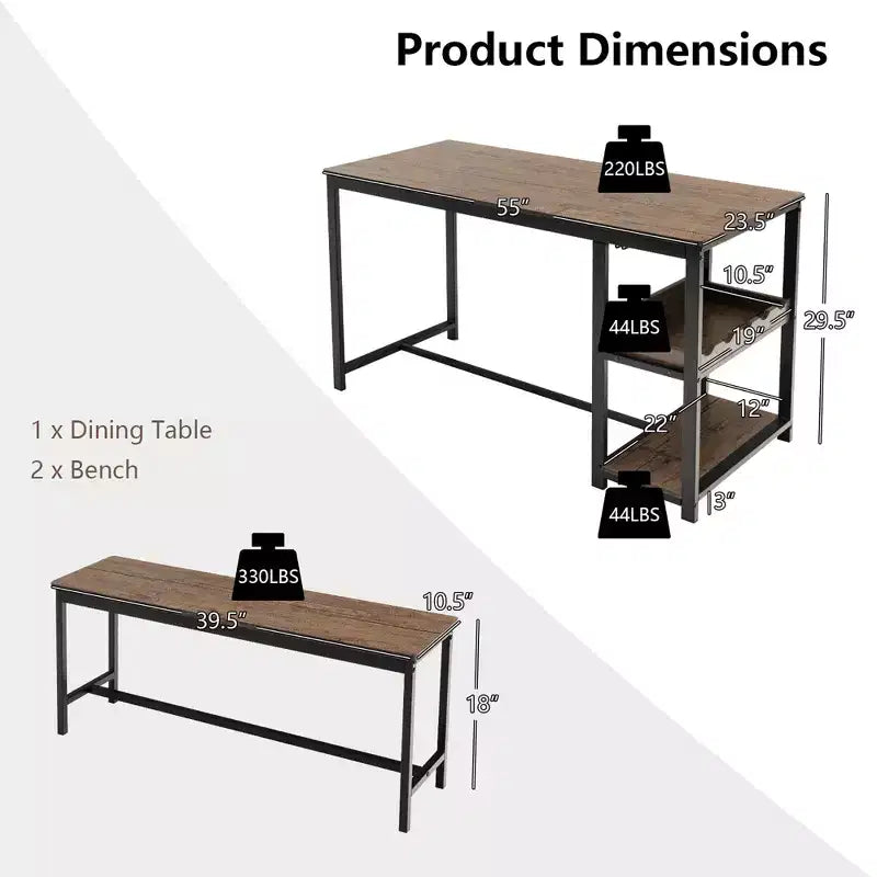Ensemble de salle à manger 3 pièces Costway pour 4 avec table de cuisine et 2 bancs avec support