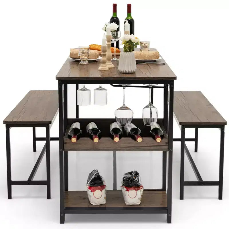 Ensemble de salle à manger 3 pièces Costway pour 4 avec table de cuisine et 2 bancs avec support