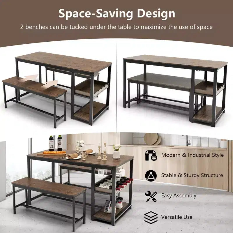 Ensemble de salle à manger 3 pièces Costway pour 4 avec table de cuisine et 2 bancs avec support
