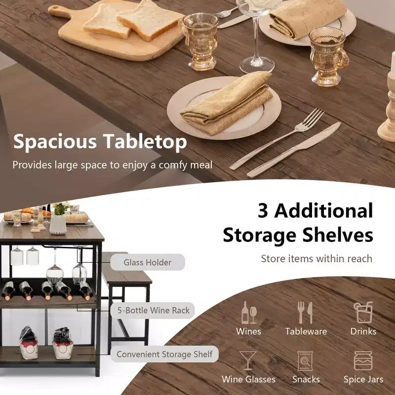 Ensemble de salle à manger 3 pièces Costway pour 4 avec table de cuisine et 2 bancs avec support