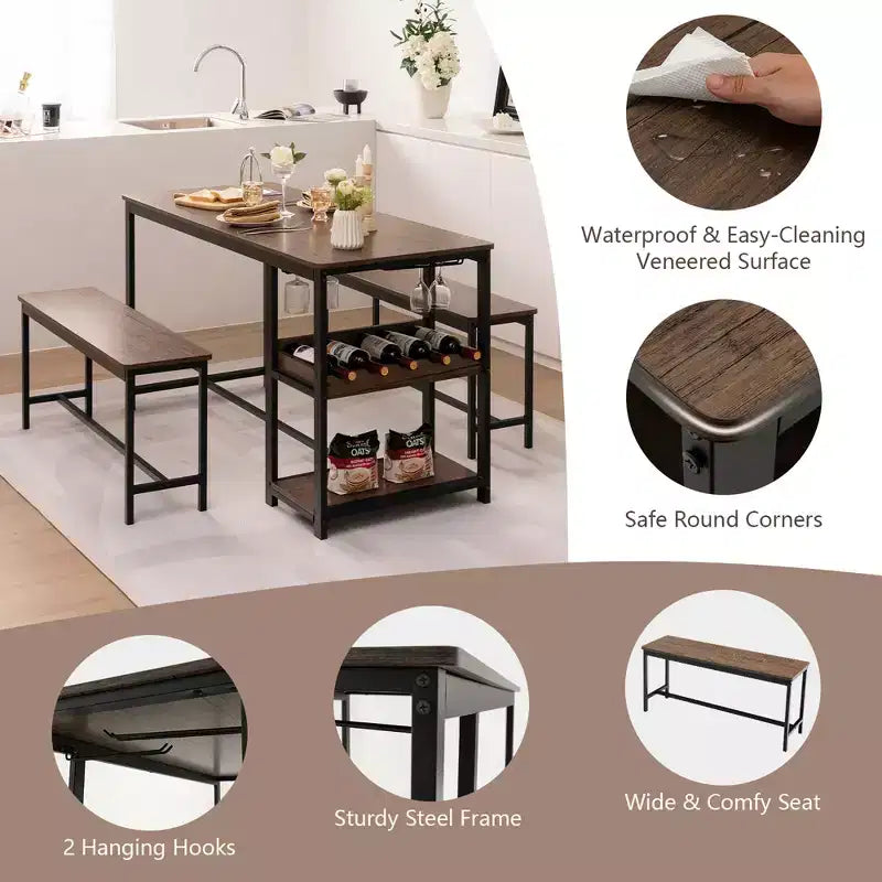 Ensemble de salle à manger 3 pièces Costway pour 4 avec table de cuisine et 2 bancs avec support