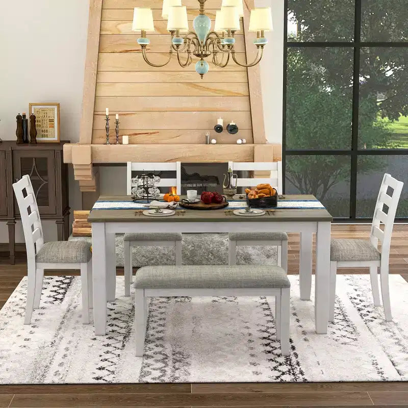 Ensemble de salle à manger rustique en bois 6 pièces, table rectangulaire avec 4 chaises et banc-ModernLuxe