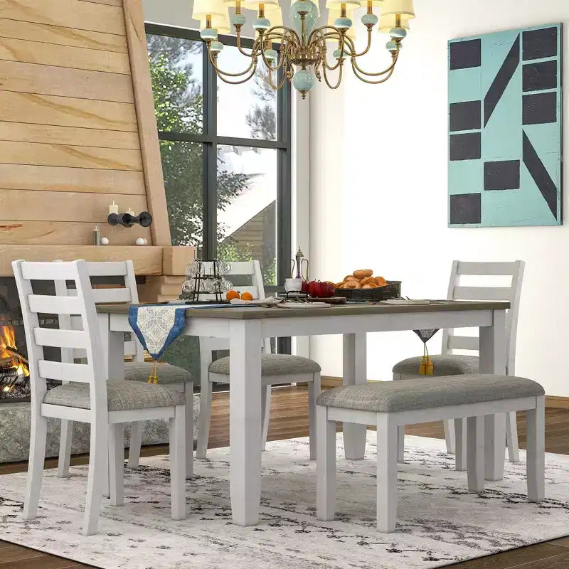 Ensemble de salle à manger rustique en bois 6 pièces, table rectangulaire avec 4 chaises et banc-ModernLuxe