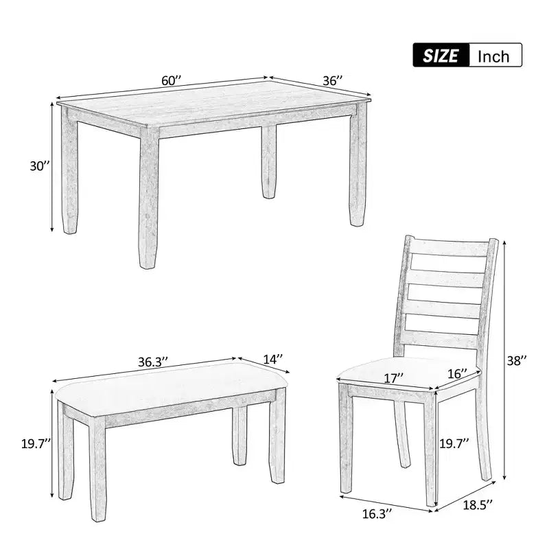 Ensemble de salle à manger rustique en bois 6 pièces, table rectangulaire avec 4 chaises et banc-ModernLuxe