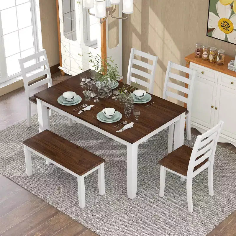 Ensemble de salle à manger rustique en bois 6 pièces, table rectangulaire avec 4 chaises et banc-ModernLuxe