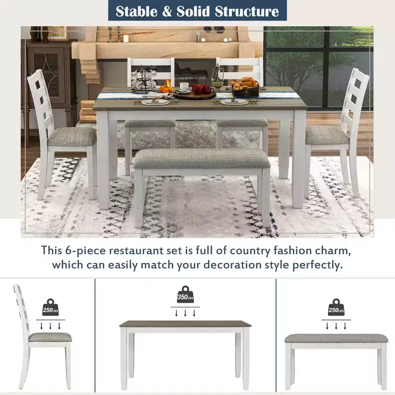 Ensemble de salle à manger rustique en bois 6 pièces, table rectangulaire avec 4 chaises et banc-ModernLuxe