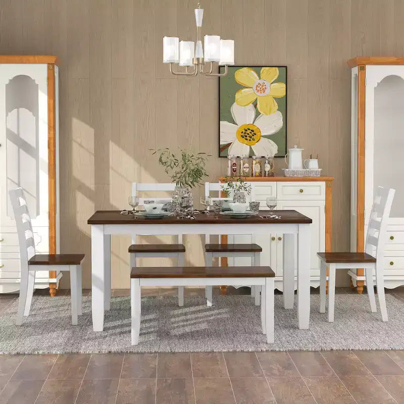 Ensemble de salle à manger rustique en bois 6 pièces, table rectangulaire avec 4 chaises et banc-ModernLuxe