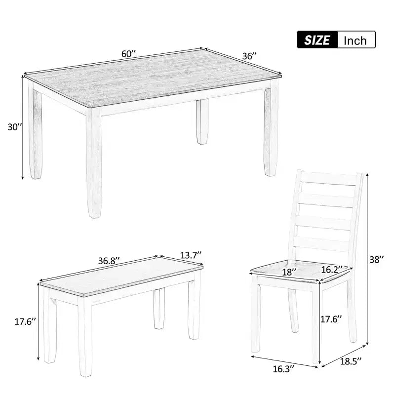 Ensemble de salle à manger rustique en bois 6 pièces, table rectangulaire avec 4 chaises et banc-ModernLuxe