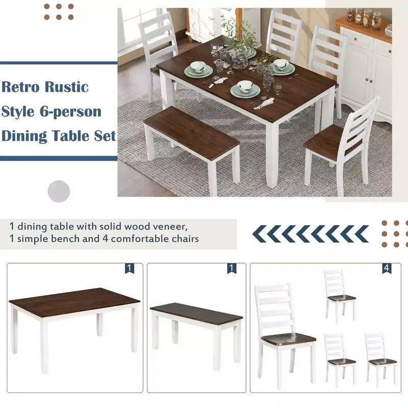 Ensemble de salle à manger rustique en bois 6 pièces, table rectangulaire avec 4 chaises et banc-ModernLuxe