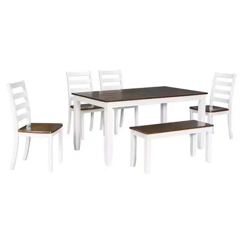 Ensemble de salle à manger rustique en bois 6 pièces, table rectangulaire avec 4 chaises et banc-ModernLuxe
