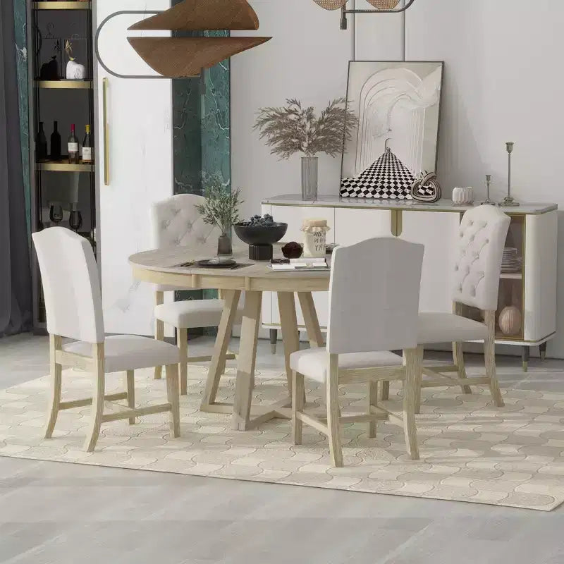 5-Piece Vintage Functional Dining Set, Round Table with 16 Wide Leaf and 4 Upholstered Chairs - ModernLuxe