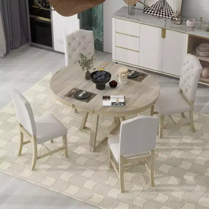 Ensemble de salle à manger vintage fonctionnel 5 pièces, table ronde avec rallonge de 40 cm et 4 chaises rembourrées - ModernLuxe
