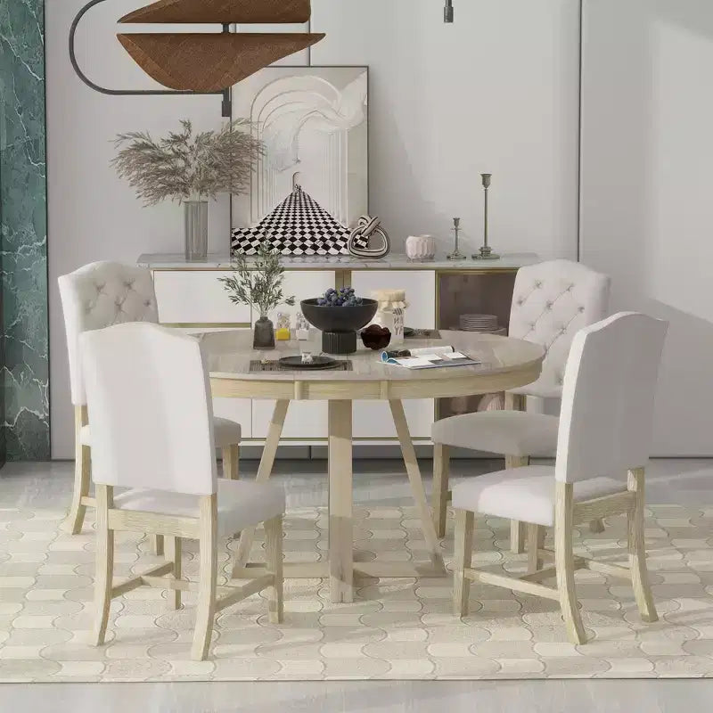 Ensemble de salle à manger vintage fonctionnel 5 pièces, table ronde avec rallonge de 40 cm et 4 chaises rembourrées - ModernLuxe