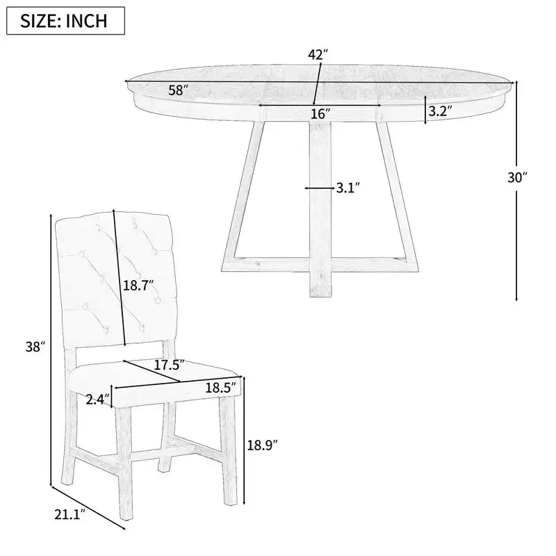Ensemble de salle à manger vintage fonctionnel 5 pièces, table ronde avec rallonge de 40 cm et 4 chaises rembourrées - ModernLuxe