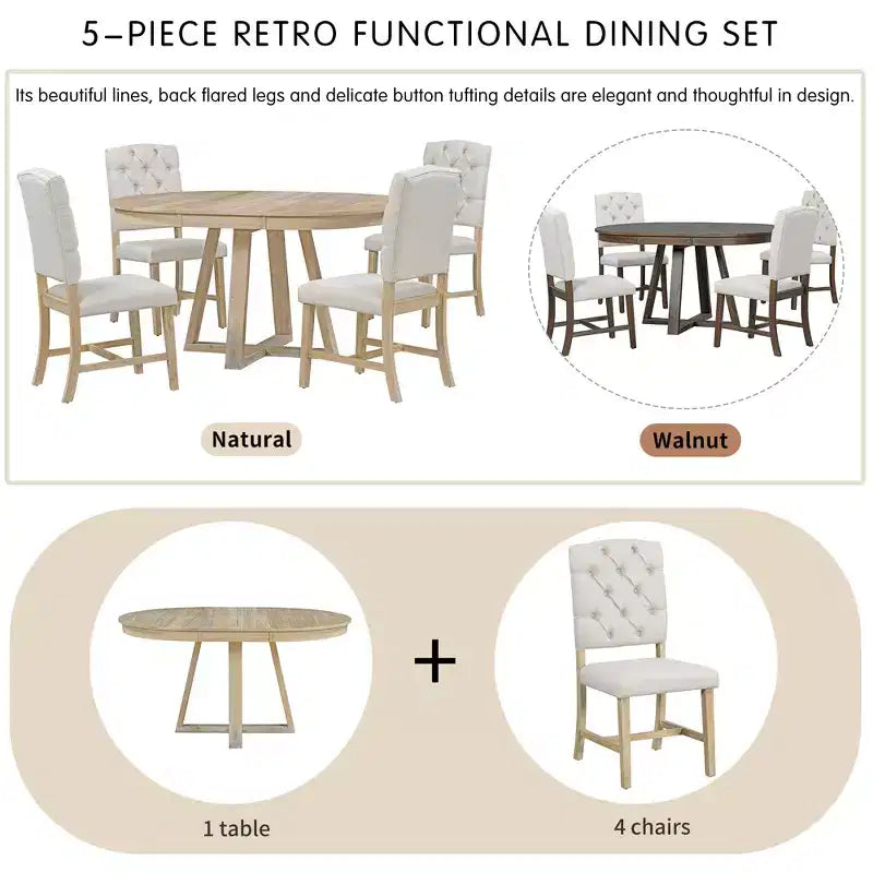 Ensemble de salle à manger vintage fonctionnel 5 pièces, table ronde avec rallonge de 40 cm et 4 chaises rembourrées - ModernLuxe