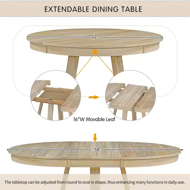 Ensemble de salle à manger vintage fonctionnel 5 pièces, table ronde avec rallonge de 40 cm et 4 chaises rembourrées - ModernLuxe