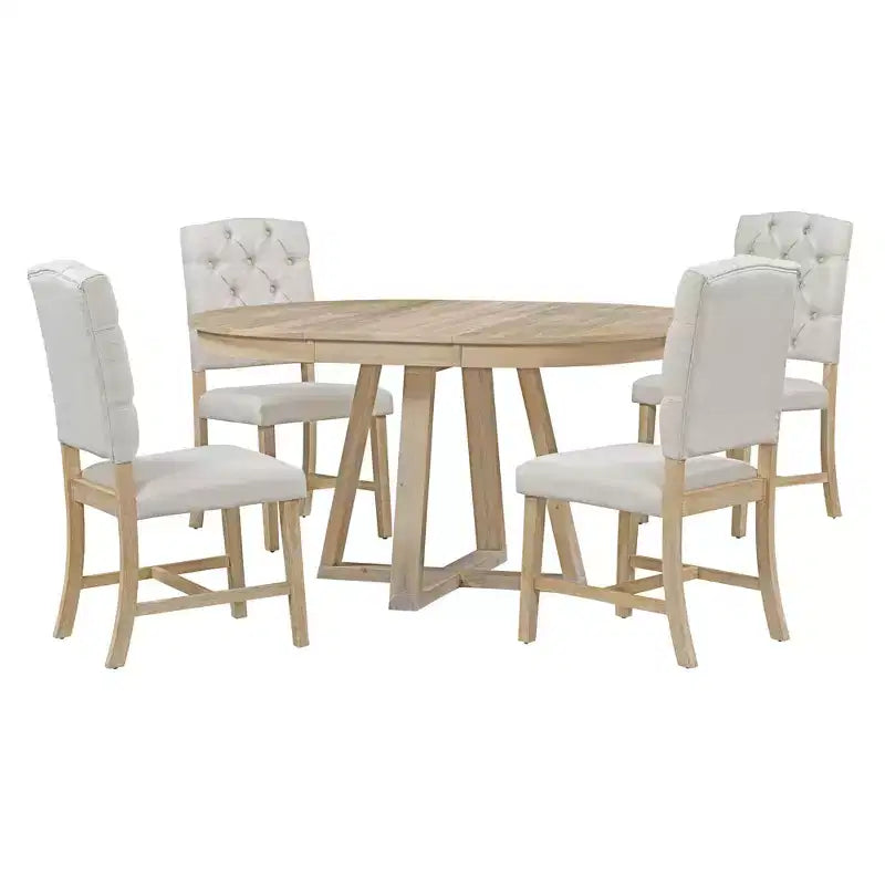 Ensemble de salle à manger vintage fonctionnel 5 pièces, table ronde avec rallonge de 40 cm et 4 chaises rembourrées - ModernLuxe