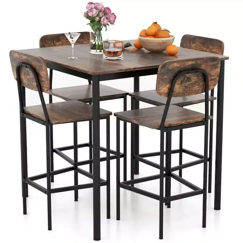 Ensemble de table à manger industrielle Costway 5 pièces avec table hauteur comptoir et 4 tabourets de bar Noir/Gris/Noyer