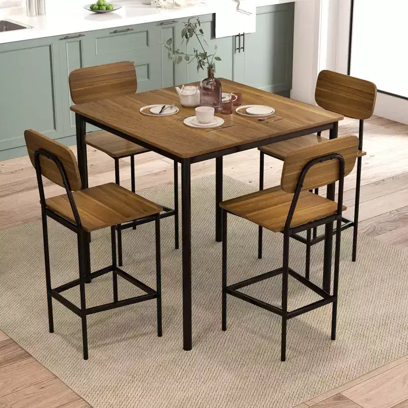 Ensemble de table à manger industrielle Costway 5 pièces avec table hauteur comptoir et 4 tabourets de bar Noir/Gris/Noyer