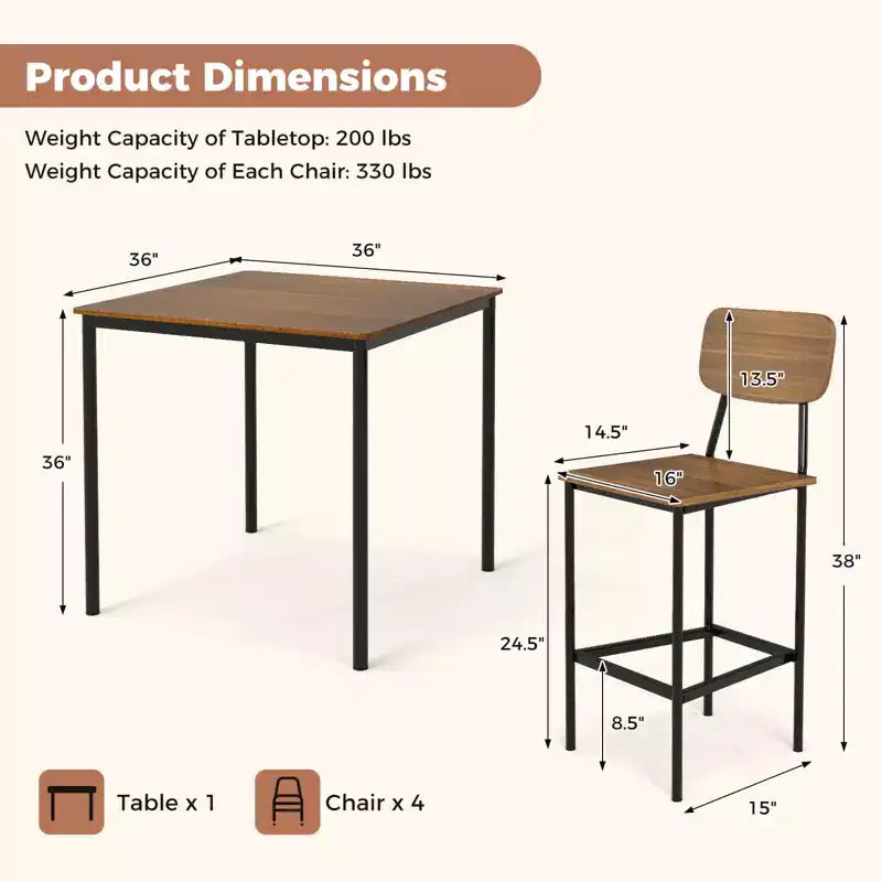 Ensemble de table à manger industrielle Costway 5 pièces avec table hauteur comptoir et 4 tabourets de bar Noir/Gris/Noyer
