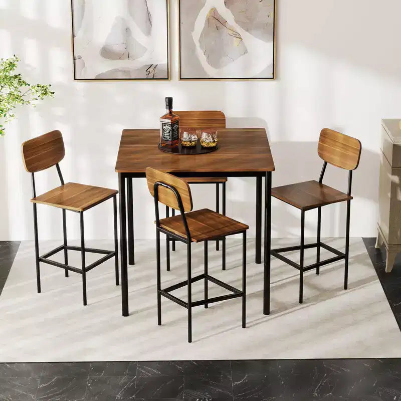 Ensemble de table à manger industrielle Costway 5 pièces avec table hauteur comptoir et 4 tabourets de bar Noir/Gris/Noyer
