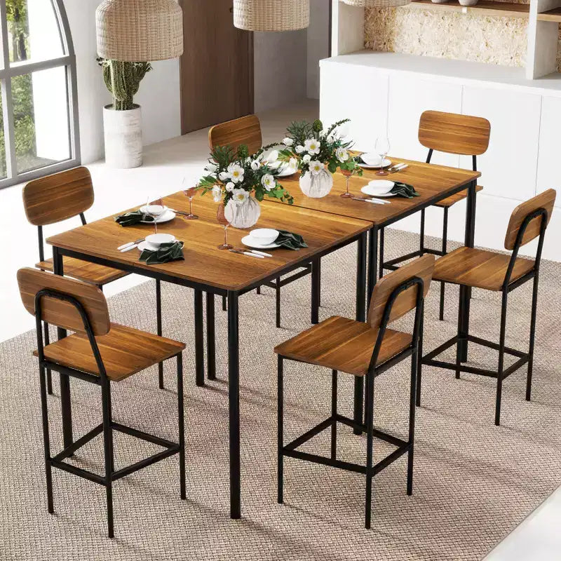 Ensemble de table à manger industrielle Costway 5 pièces avec table hauteur comptoir et 4 tabourets de bar Noir/Gris/Noyer