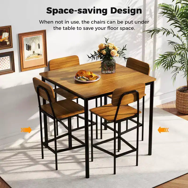 Ensemble de table à manger industrielle Costway 5 pièces avec table hauteur comptoir et 4 tabourets de bar Noir/Gris/Noyer