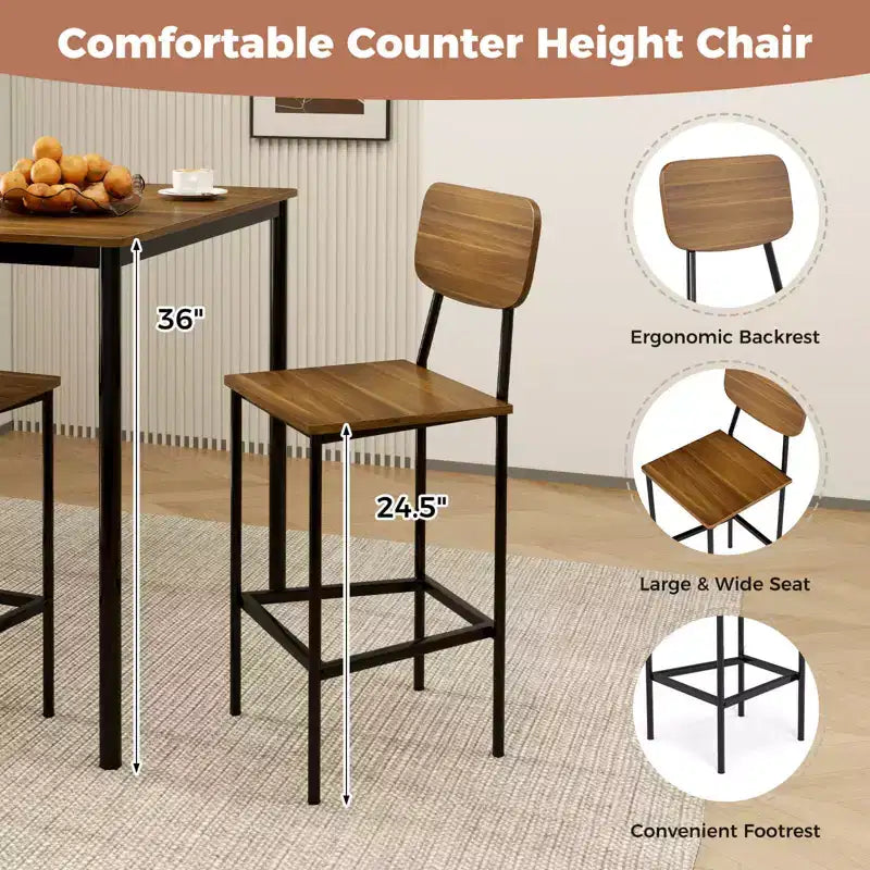 Ensemble de table à manger industrielle Costway 5 pièces avec table hauteur comptoir et 4 tabourets de bar Noir/Gris/Noyer