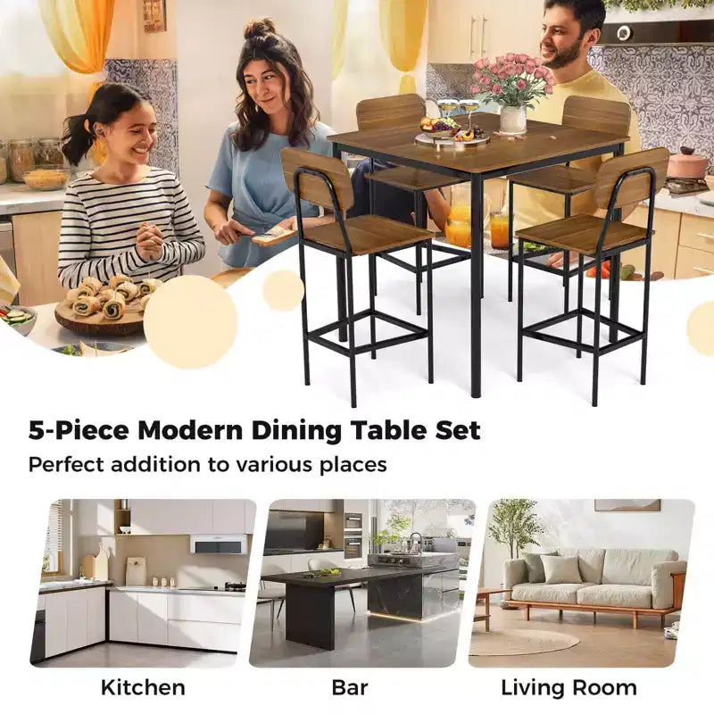 Ensemble de table à manger industrielle Costway 5 pièces avec table hauteur comptoir et 4 tabourets de bar Noir/Gris/Noyer