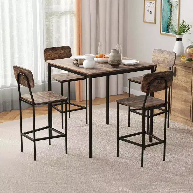Ensemble de table à manger industrielle Costway 5 pièces avec table hauteur comptoir et 4 tabourets de bar Noir/Gris/Noyer