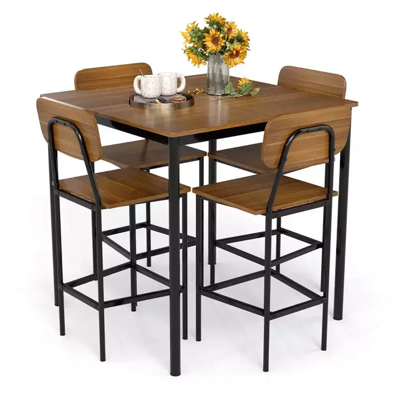 Ensemble de table à manger industrielle Costway 5 pièces avec table hauteur comptoir et 4 tabourets de bar Noir/Gris/Noyer