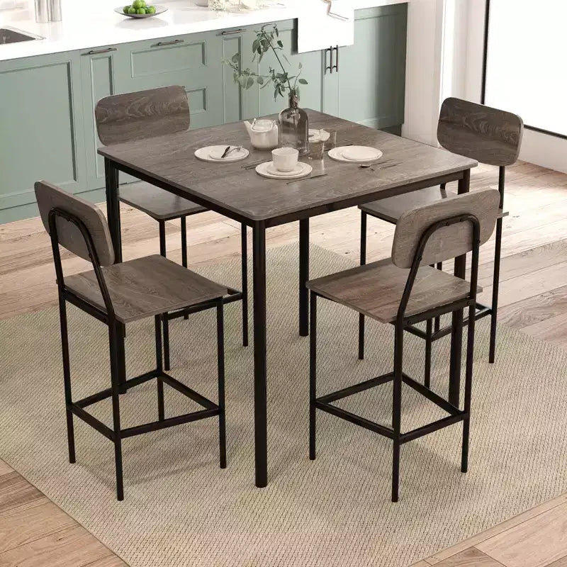 Ensemble de table à manger industrielle Costway 5 pièces avec table hauteur comptoir et 4 tabourets de bar Noir/Gris/Noyer