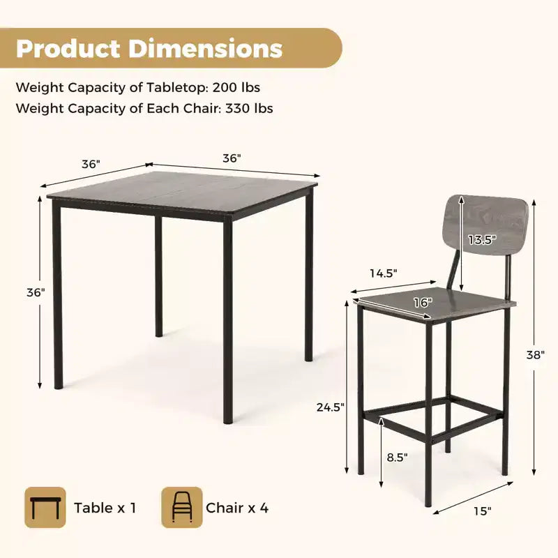 Ensemble de table à manger industrielle Costway 5 pièces avec table hauteur comptoir et 4 tabourets de bar Noir/Gris/Noyer