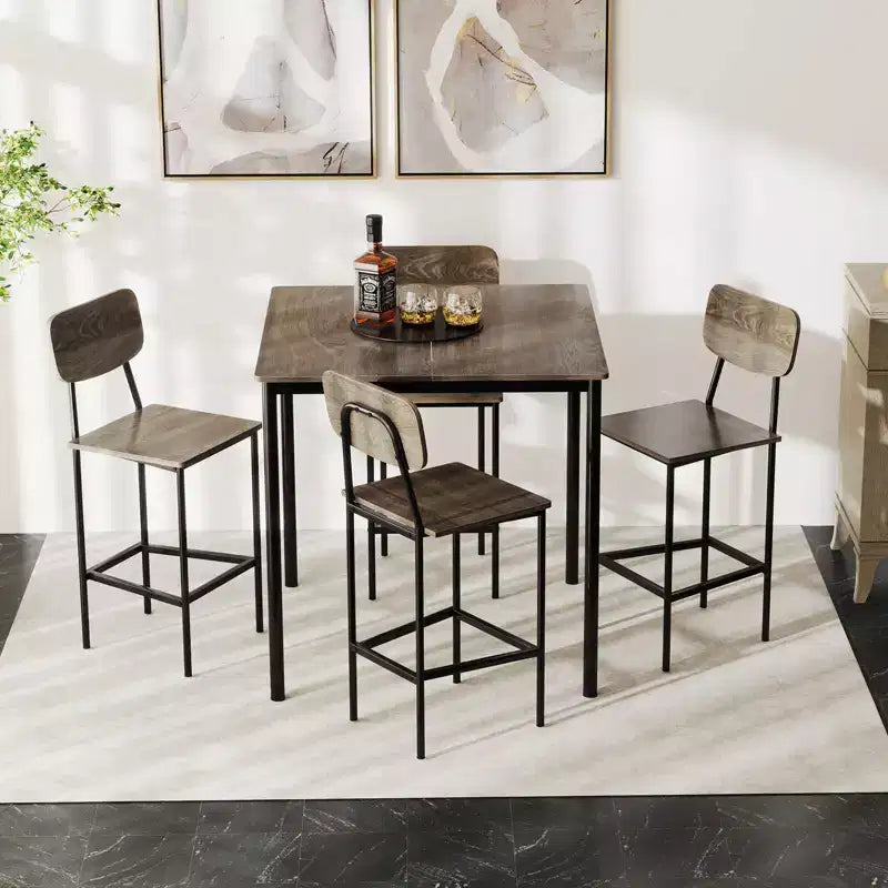 Ensemble de table à manger industrielle Costway 5 pièces avec table hauteur comptoir et 4 tabourets de bar Noir/Gris/Noyer