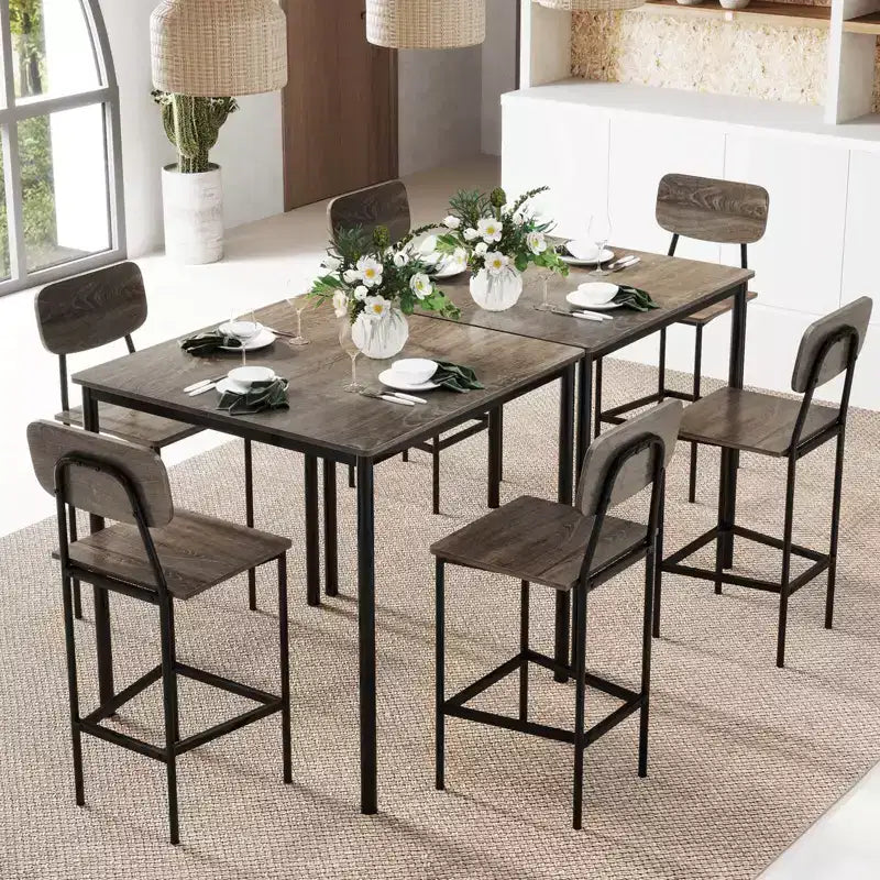 Ensemble de table à manger industrielle Costway 5 pièces avec table hauteur comptoir et 4 tabourets de bar Noir/Gris/Noyer