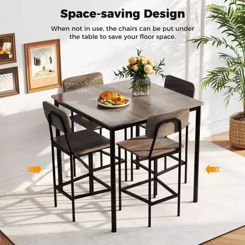Ensemble de table à manger industrielle Costway 5 pièces avec table hauteur comptoir et 4 tabourets de bar Noir/Gris/Noyer