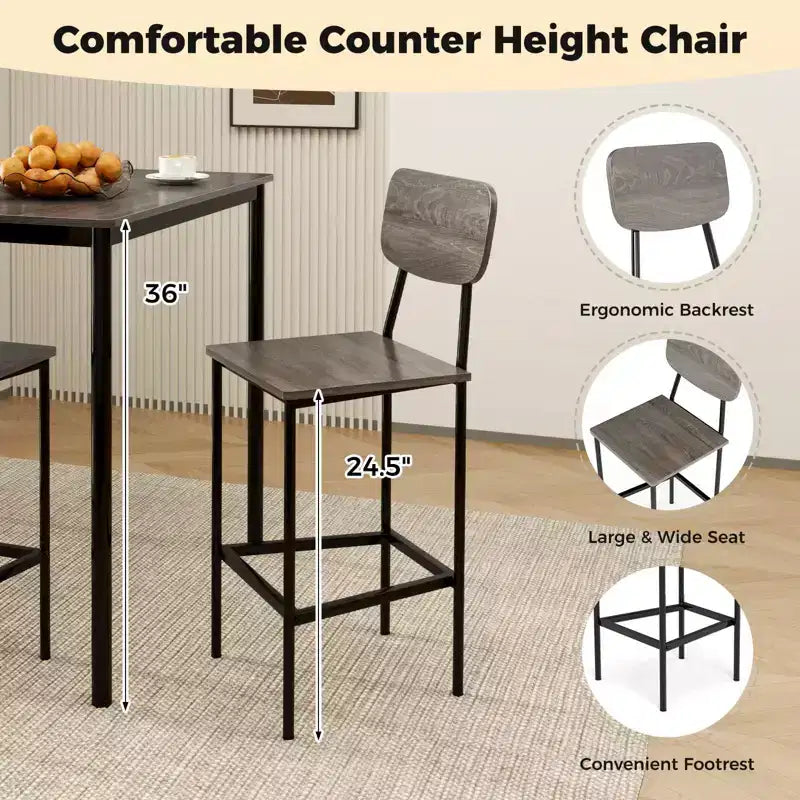 Ensemble de table à manger industrielle Costway 5 pièces avec table hauteur comptoir et 4 tabourets de bar Noir/Gris/Noyer