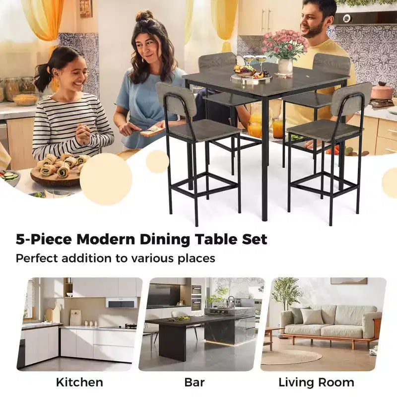 Ensemble de table à manger industrielle Costway 5 pièces avec table hauteur comptoir et 4 tabourets de bar Noir/Gris/Noyer