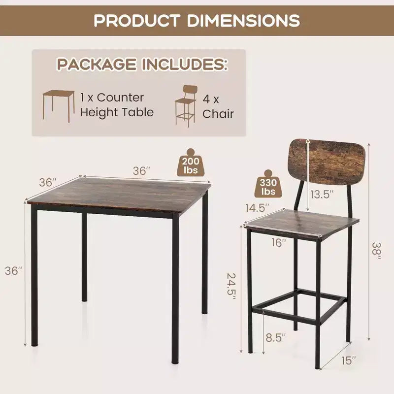 Ensemble de table à manger industrielle Costway 5 pièces avec table hauteur comptoir et 4 tabourets de bar Noir/Gris/Noyer