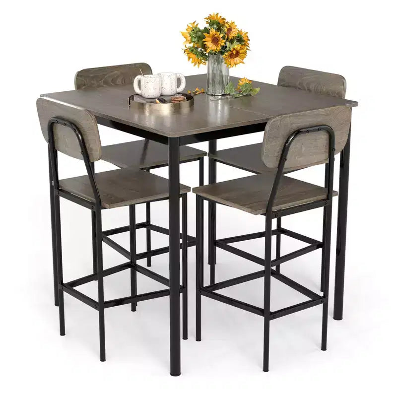 Ensemble de table à manger industrielle Costway 5 pièces avec table hauteur comptoir et 4 tabourets de bar Noir/Gris/Noyer